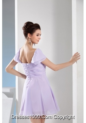 Elegant Lilac Square Mini-length Prom Gown with Ruching and Cap Sleeves