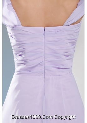 Elegant Lilac Square Mini-length Prom Gown with Ruching and Cap Sleeves