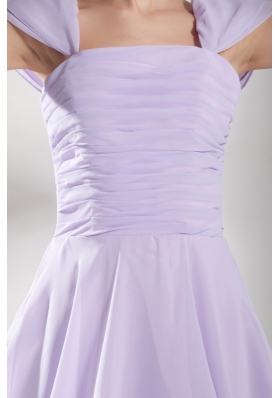 Elegant Lilac Square Mini-length Prom Gown with Ruching and Cap Sleeves