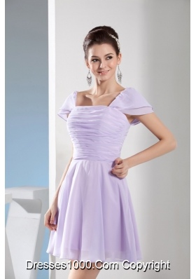 Elegant Lilac Square Mini-length Prom Gown with Ruching and Cap Sleeves