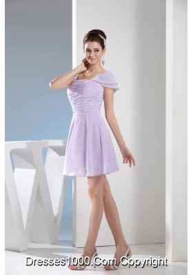 Elegant Lilac Square Mini-length Prom Gown with Ruching and Cap Sleeves