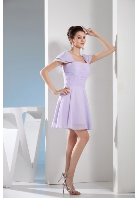 Elegant Lilac Square Mini-length Prom Gown with Ruching and Cap Sleeves