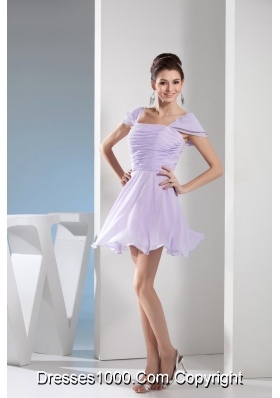 Elegant Lilac Square Mini-length Prom Gown with Ruching and Cap Sleeves