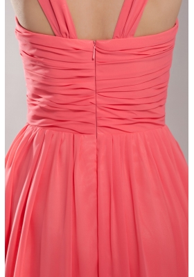 Elegant Watermelon Red Straps Floor-length Prom Gown with Ruching