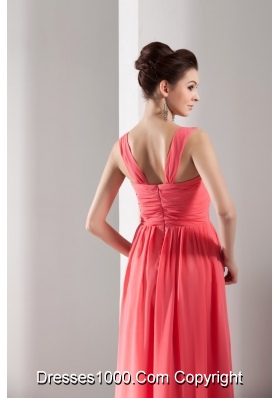 Elegant Watermelon Red Straps Floor-length Prom Gown with Ruching