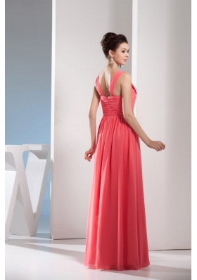 Elegant Watermelon Red Straps Floor-length Prom Gown with Ruching