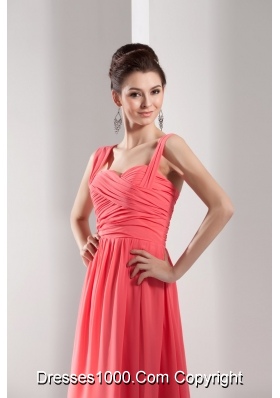 Elegant Watermelon Red Straps Floor-length Prom Gown with Ruching