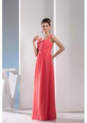 Elegant Watermelon Red Straps Floor-length Prom Gown with Ruching