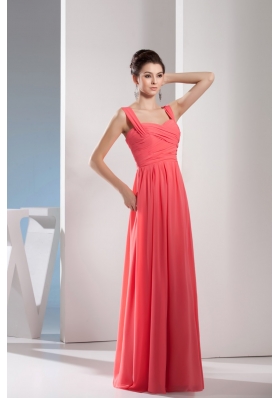 Elegant Watermelon Red Straps Floor-length Prom Gown with Ruching