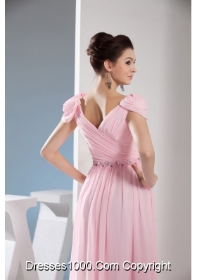 Empire Light Pink V-neck Beading and Ruching Long Prom Dresses