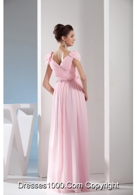 Empire Light Pink V-neck Beading and Ruching Long Prom Dresses