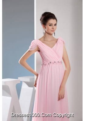 Empire Light Pink V-neck Beading and Ruching Long Prom Dresses