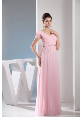 Empire Light Pink V-neck Beading and Ruching Long Prom Dresses