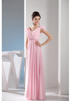 Empire Light Pink V-neck Beading and Ruching Long Prom Dresses