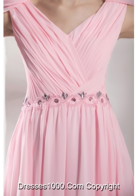 Empire Light Pink V-neck Beading and Ruching Long Prom Dresses