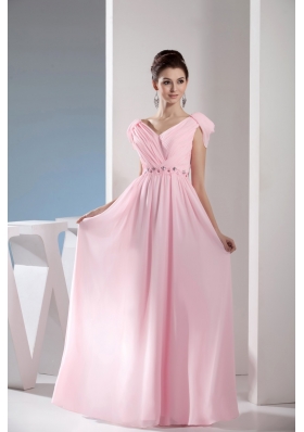 Empire Light Pink V-neck Beading and Ruching Long Prom Dresses
