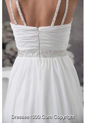 Floor-length Ruched Straps White Prom Dress with Handmade Flower