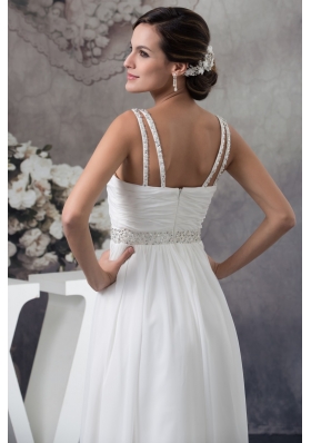 Floor-length Ruched Straps White Prom Dress with Handmade Flower