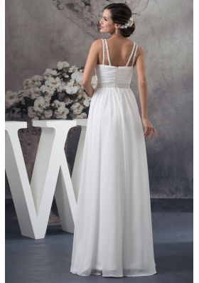 Floor-length Ruched Straps White Prom Dress with Handmade Flower