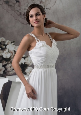 Floor-length Ruched Straps White Prom Dress with Handmade Flower