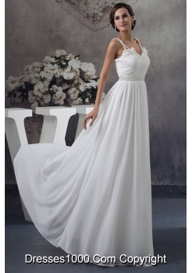 Floor-length Ruched Straps White Prom Dress with Handmade Flower