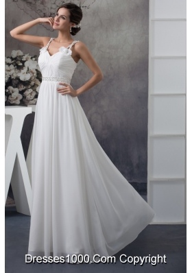 Floor-length Ruched Straps White Prom Dress with Handmade Flower