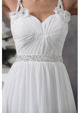 Floor-length Ruched Straps White Prom Dress with Handmade Flower