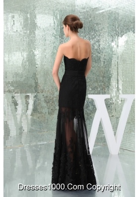 Floor-length Strapless Black Lace Prom Dress for Girls with Bowknot