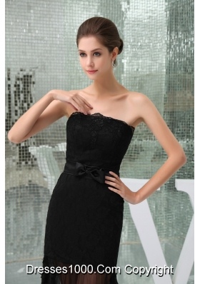 Floor-length Strapless Black Lace Prom Dress for Girls with Bowknot