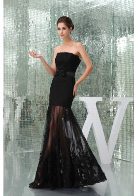 Floor-length Strapless Black Lace Prom Dress for Girls with Bowknot