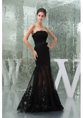 Floor-length Strapless Black Lace Prom Dress for Girls with Bowknot