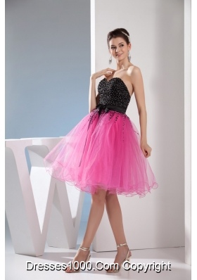 Fuchsia and Black Sweetheart Sashes Beading Prom Cocktail Dress