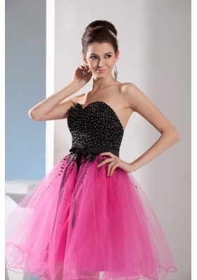 Fuchsia and Black Sweetheart Sashes Beading Prom Cocktail Dress