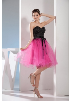 Fuchsia and Black Sweetheart Sashes Beading Prom Cocktail Dress