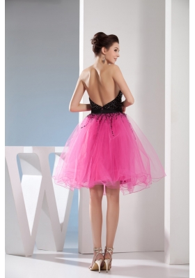 Fuchsia and Black Sweetheart Sashes Beading Prom Cocktail Dress