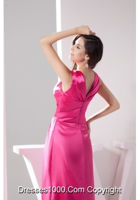 Full Length V-neck Prom Gowns in Hot Pink Decorated with Ruching