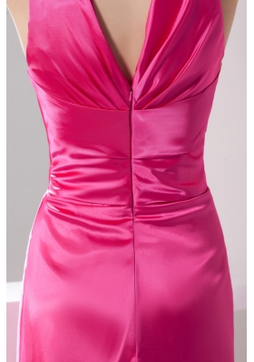 Full Length V-neck Prom Gowns in Hot Pink Decorated with Ruching