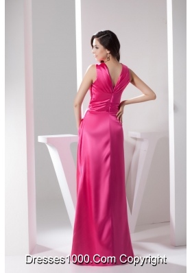 Full Length V-neck Prom Gowns in Hot Pink Decorated with Ruching