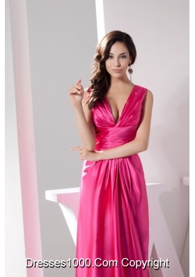 Full Length V-neck Prom Gowns in Hot Pink Decorated with Ruching