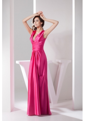 Full Length V-neck Prom Gowns in Hot Pink Decorated with Ruching