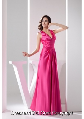 Full Length V-neck Prom Gowns in Hot Pink Decorated with Ruching