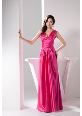 Full Length V-neck Prom Gowns in Hot Pink Decorated with Ruching