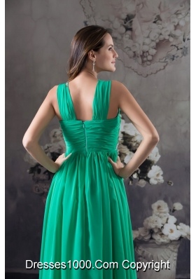 GreenV-neck Floor-length Prom Gown with Beading and Ruching