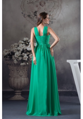 GreenV-neck Floor-length Prom Gown with Beading and Ruching