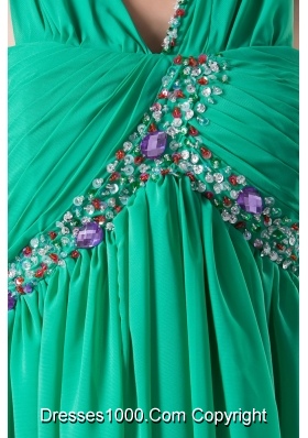 GreenV-neck Floor-length Prom Gown with Beading and Ruching