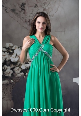 GreenV-neck Floor-length Prom Gown with Beading and Ruching