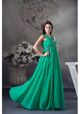 GreenV-neck Floor-length Prom Gown with Beading and Ruching