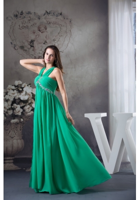 GreenV-neck Floor-length Prom Gown with Beading and Ruching