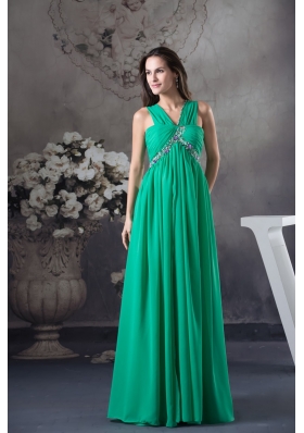 GreenV-neck Floor-length Prom Gown with Beading and Ruching