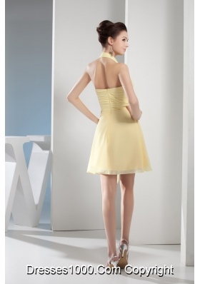 Halter Top Mini-length Light Yellow Prom Gown with Lovely Bowknot